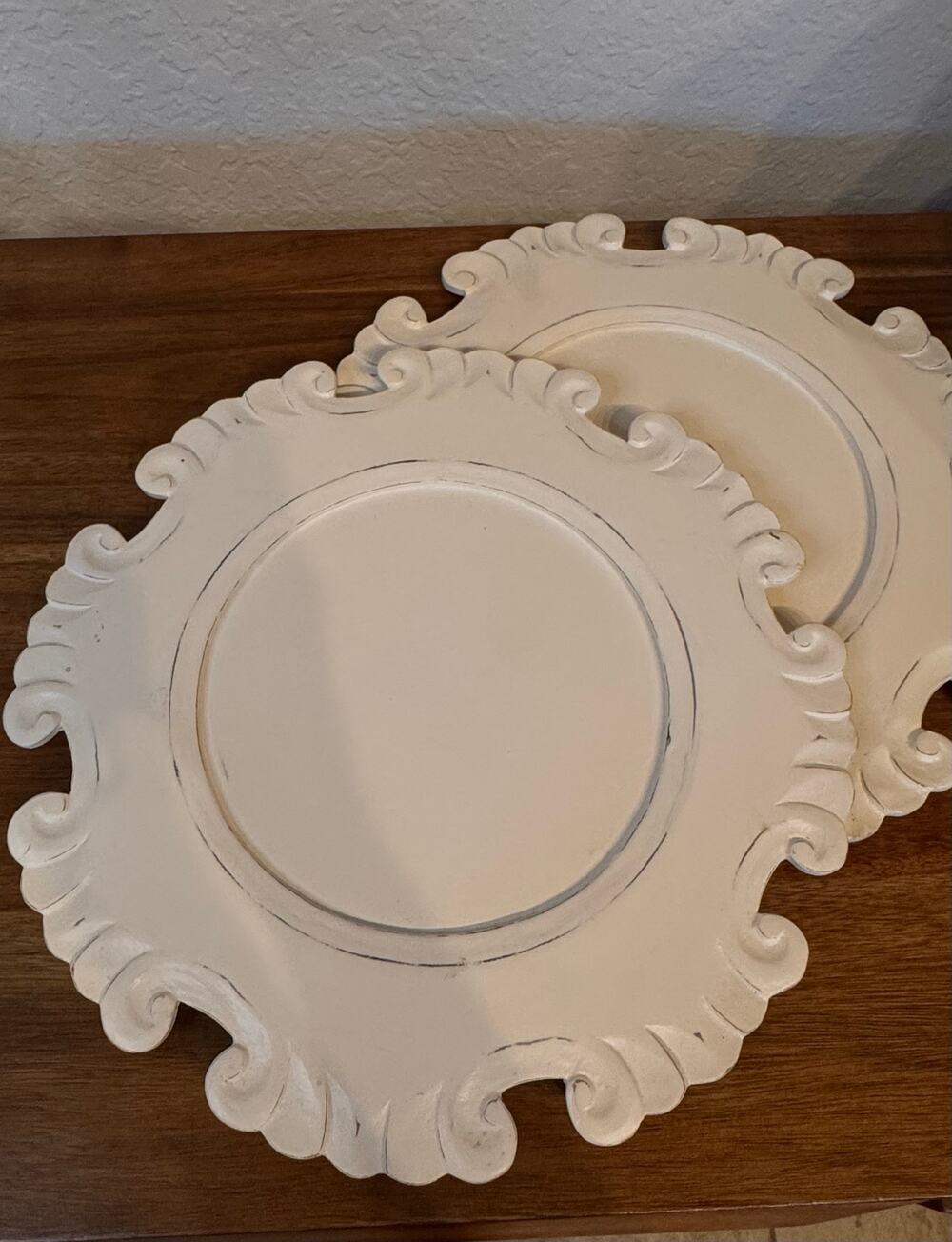 Set of 2 Discontinued Pier 1 Baroque Distressed White Wood Chargers